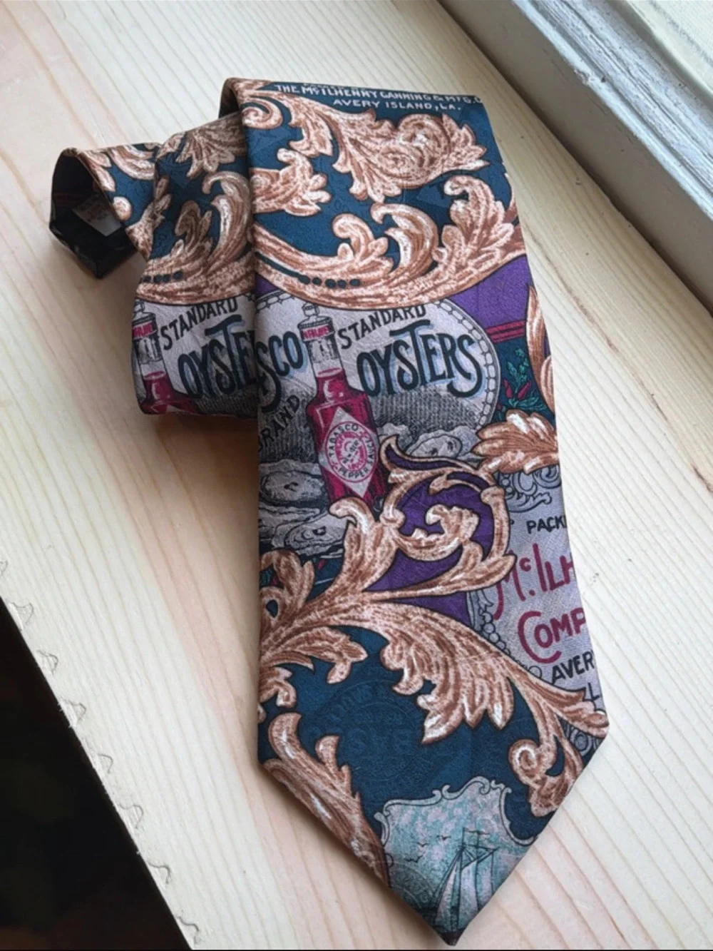 Tabasco Decorative Scroll Pattern Tie in Teal, Purple and Tan